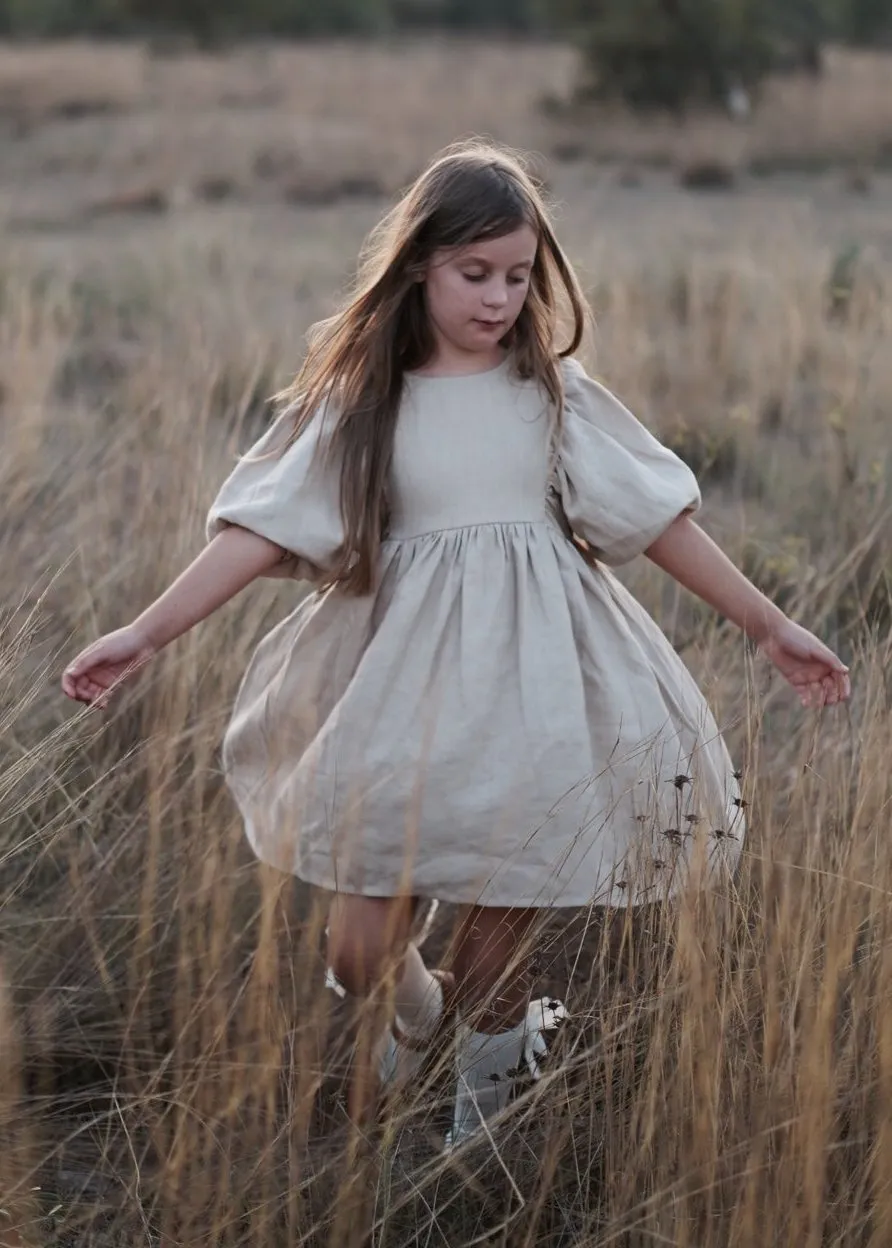 Beige Linen Puff Sleeve Dress