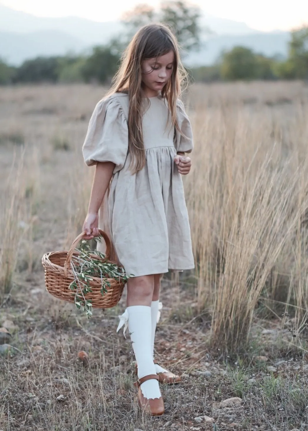 Beige Linen Puff Sleeve Dress