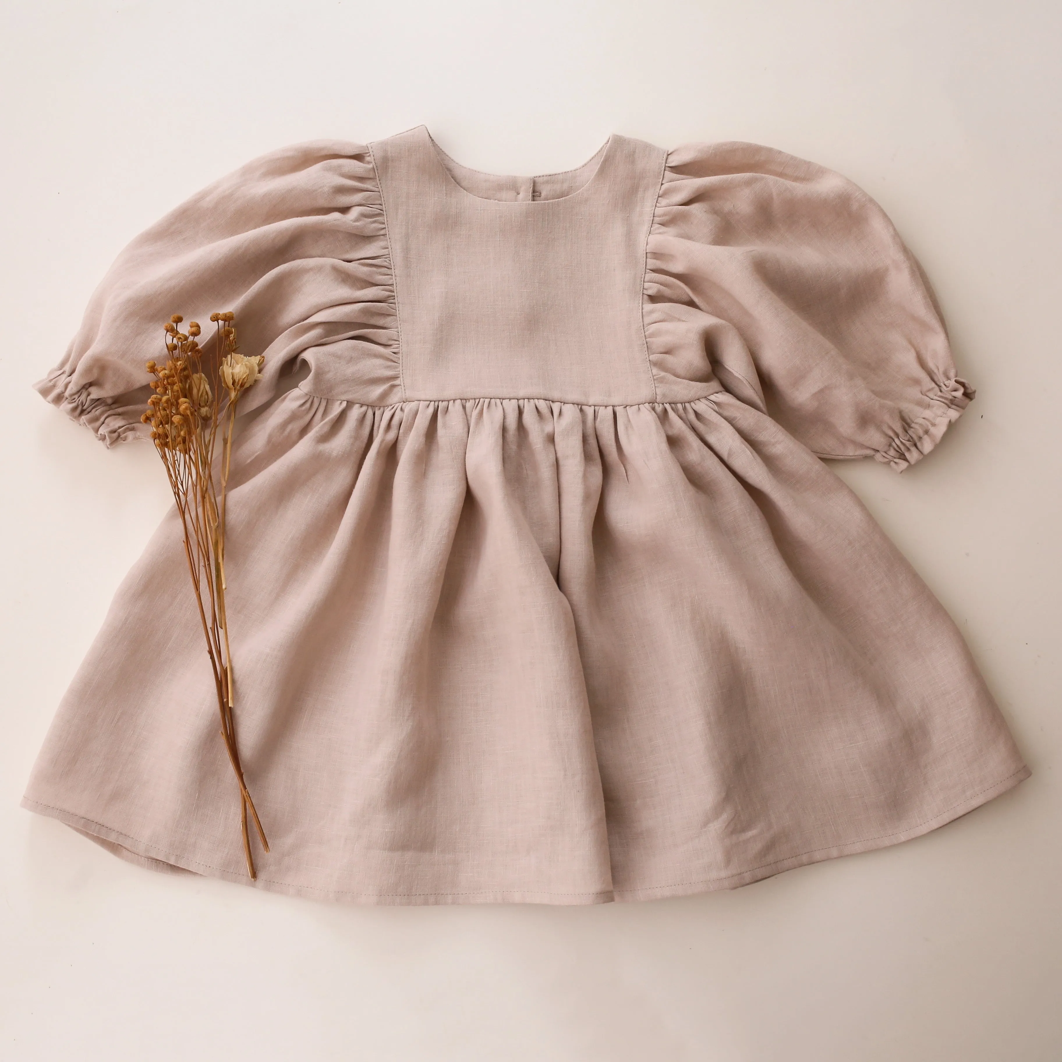 Beige Linen Puff Sleeve Dress