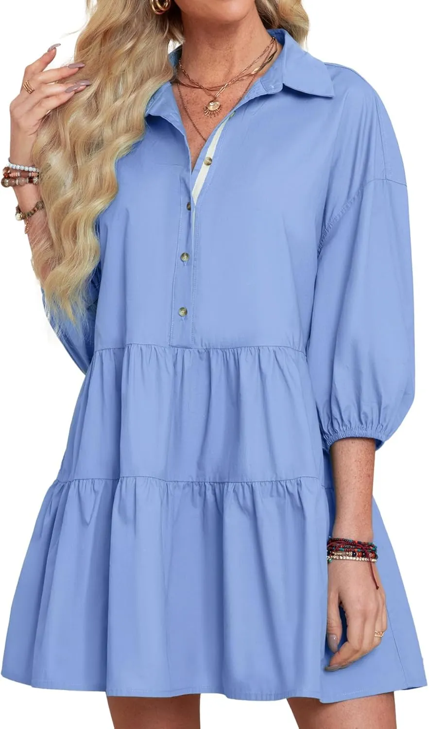 BerryGo Women's Casual Summer Babydoll Mini Dress Flowy Tiered Short Tunic Dress Puff Sleeve Button Down Shirt Dress