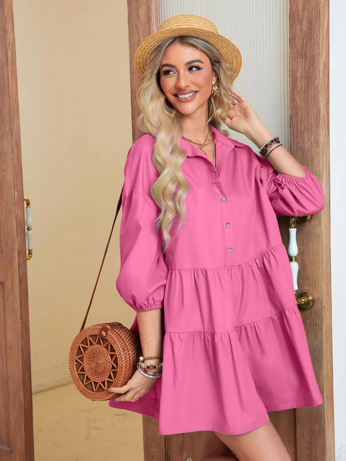 BerryGo Women's Casual Summer Babydoll Mini Dress Flowy Tiered Short Tunic Dress Puff Sleeve Button Down Shirt Dress