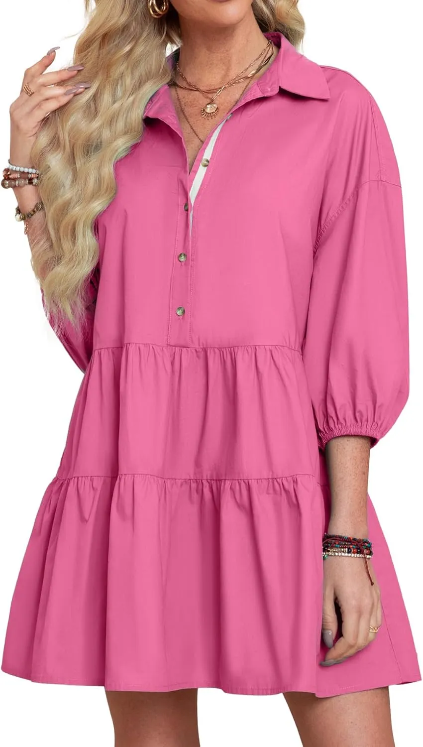 BerryGo Women's Casual Summer Babydoll Mini Dress Flowy Tiered Short Tunic Dress Puff Sleeve Button Down Shirt Dress