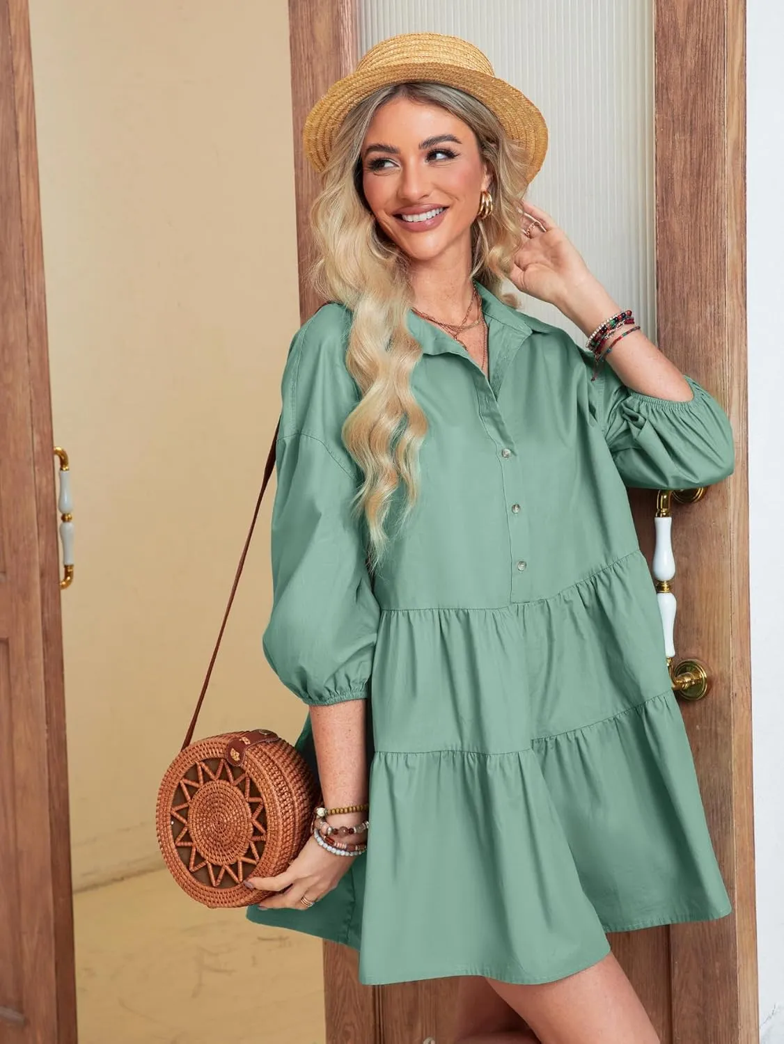 BerryGo Women's Casual Summer Babydoll Mini Dress Flowy Tiered Short Tunic Dress Puff Sleeve Button Down Shirt Dress