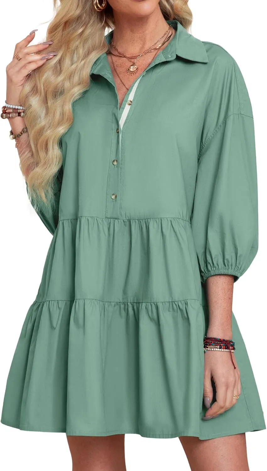 BerryGo Women's Casual Summer Babydoll Mini Dress Flowy Tiered Short Tunic Dress Puff Sleeve Button Down Shirt Dress