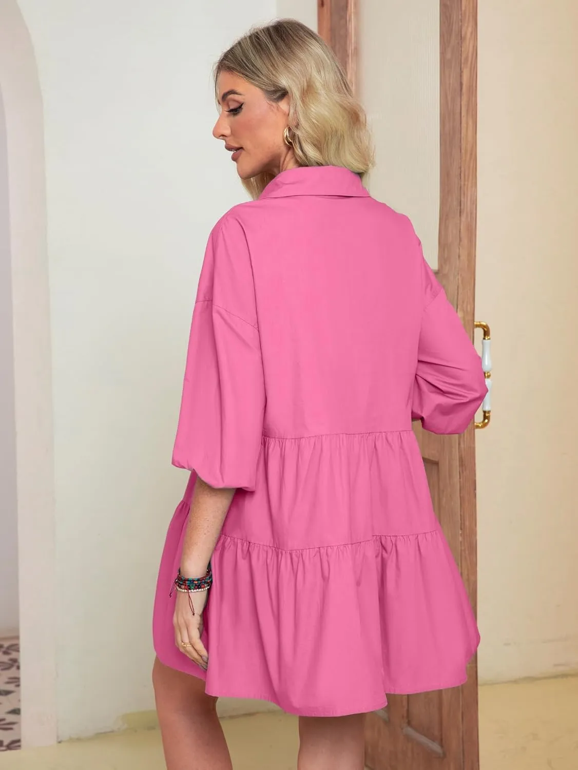 BerryGo Women's Casual Summer Babydoll Mini Dress Flowy Tiered Short Tunic Dress Puff Sleeve Button Down Shirt Dress