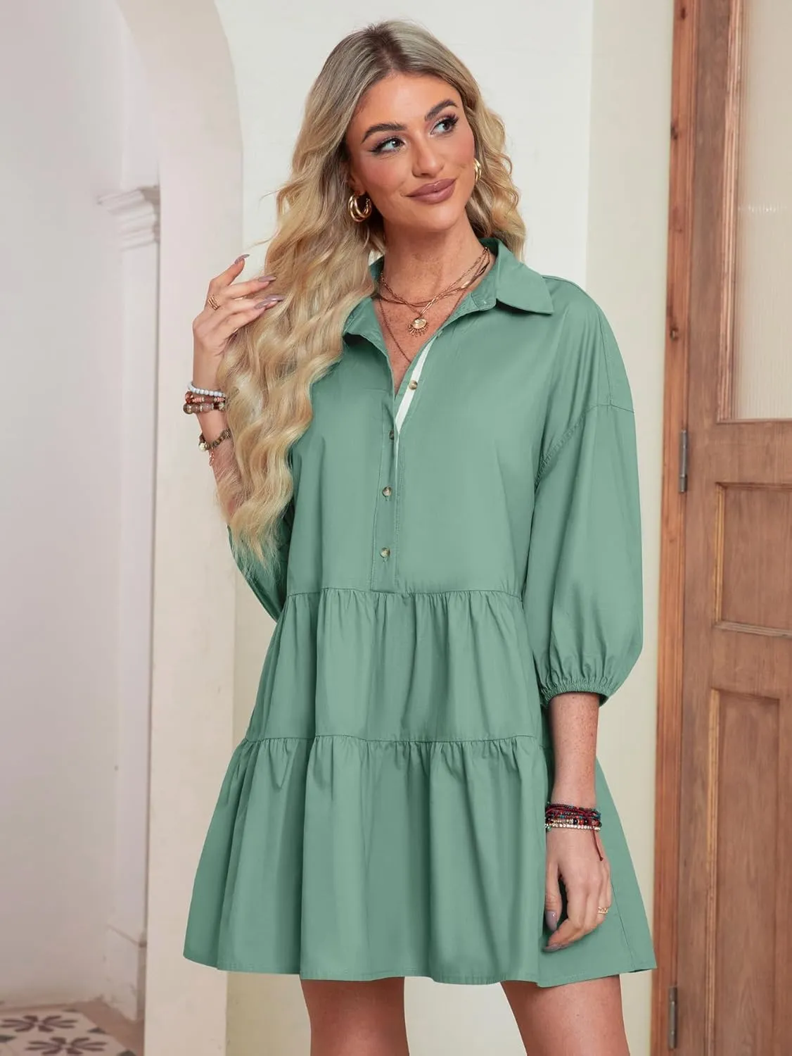 BerryGo Women's Casual Summer Babydoll Mini Dress Flowy Tiered Short Tunic Dress Puff Sleeve Button Down Shirt Dress