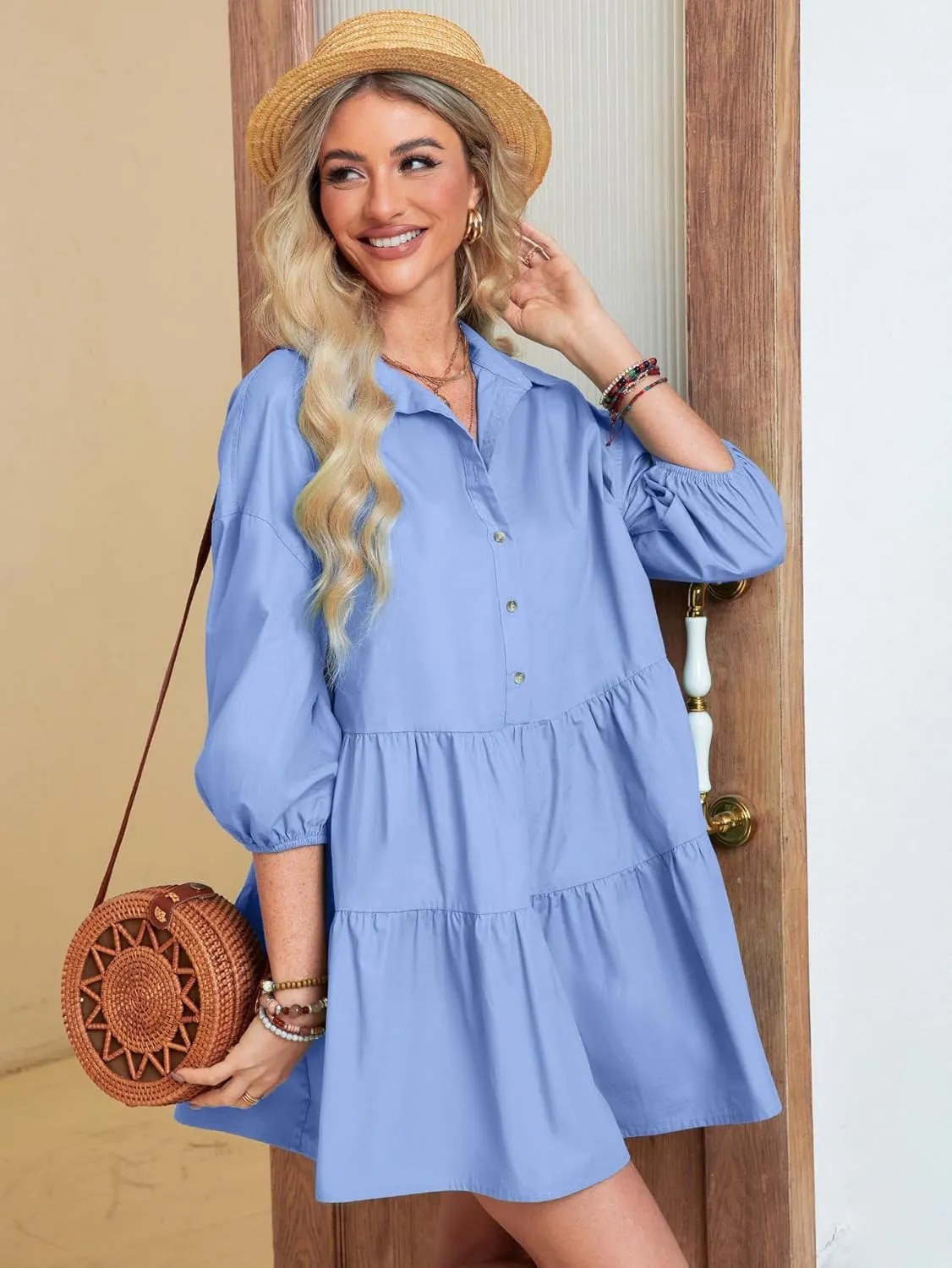 BerryGo Women's Casual Summer Babydoll Mini Dress Flowy Tiered Short Tunic Dress Puff Sleeve Button Down Shirt Dress