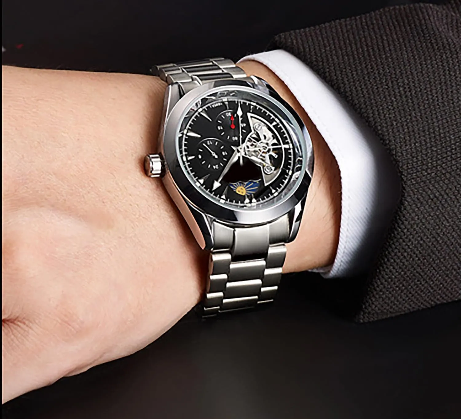 BESTKANG Men's Automatic Mechanical Watches Luxury Dress Waterproof Self Winding Moon Phase Stainless Steel Luminous Date Tourbillon Wristwatch for Men