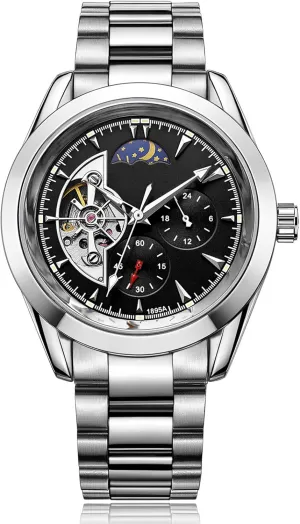 BESTKANG Men's Automatic Mechanical Watches Luxury Dress Waterproof Self Winding Moon Phase Stainless Steel Luminous Date Tourbillon Wristwatch for Men