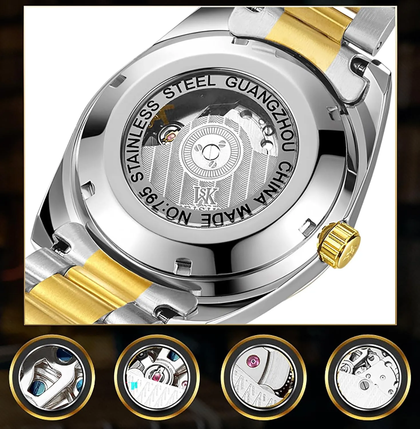 BESTKANG Men's Automatic Mechanical Watches Luxury Dress Waterproof Self Winding Moon Phase Stainless Steel Luminous Date Tourbillon Wristwatch for Men