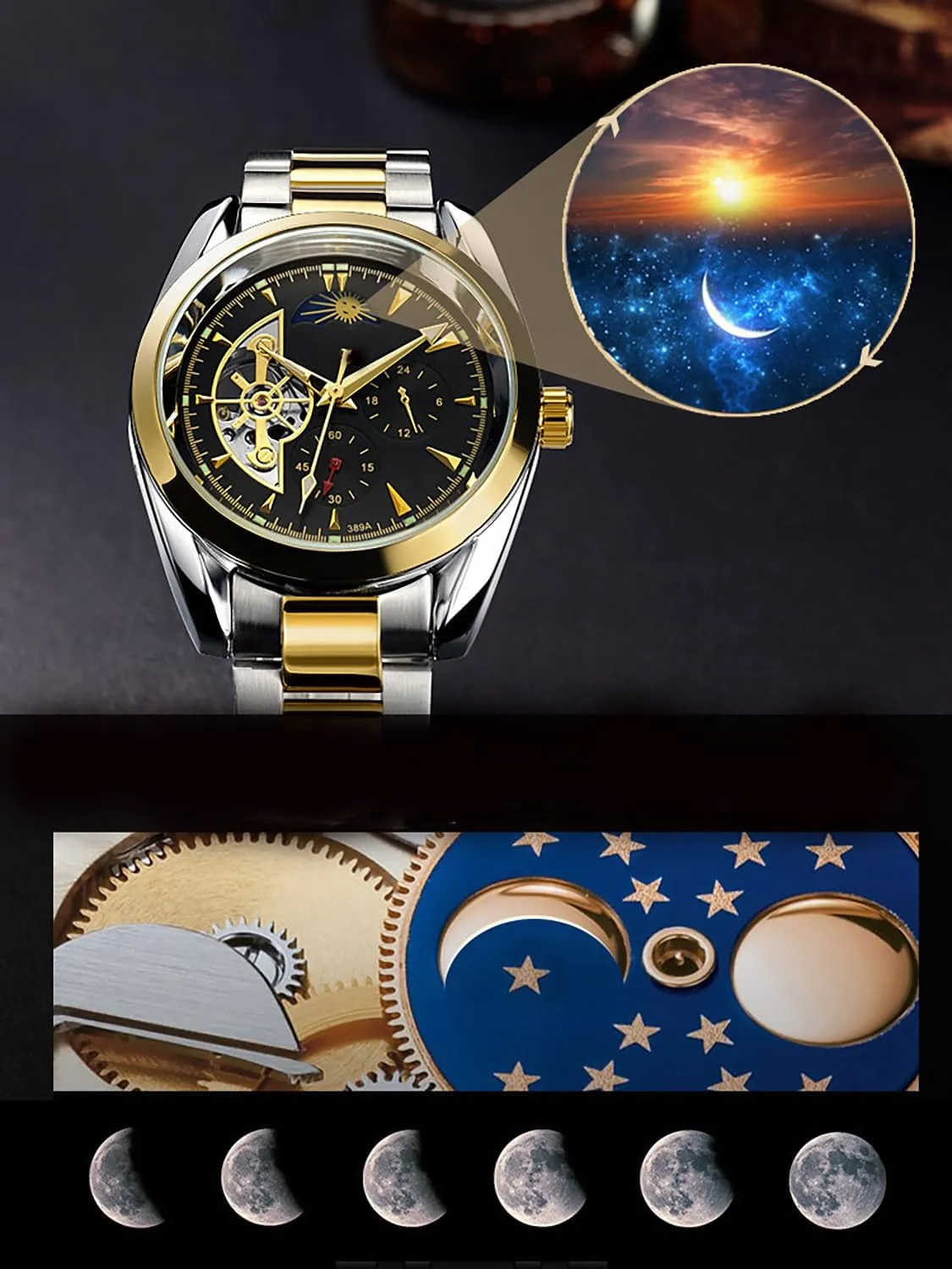 BESTKANG Men's Automatic Mechanical Watches Luxury Dress Waterproof Self Winding Moon Phase Stainless Steel Luminous Date Tourbillon Wristwatch for Men