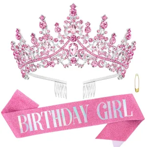 Birthday Girl Tiara Queen Crown Pink Tiaras and Crowns for Women Girls Crystal Princess Tiara Rhinestone Headbands Quinceanera Crown Headpieces Birthday Decorations