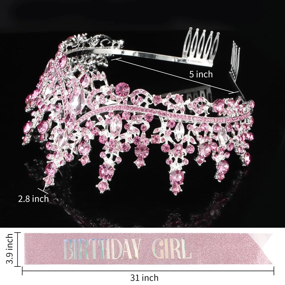 Birthday Girl Tiara Queen Crown Pink Tiaras and Crowns for Women Girls Crystal Princess Tiara Rhinestone Headbands Quinceanera Crown Headpieces Birthday Decorations