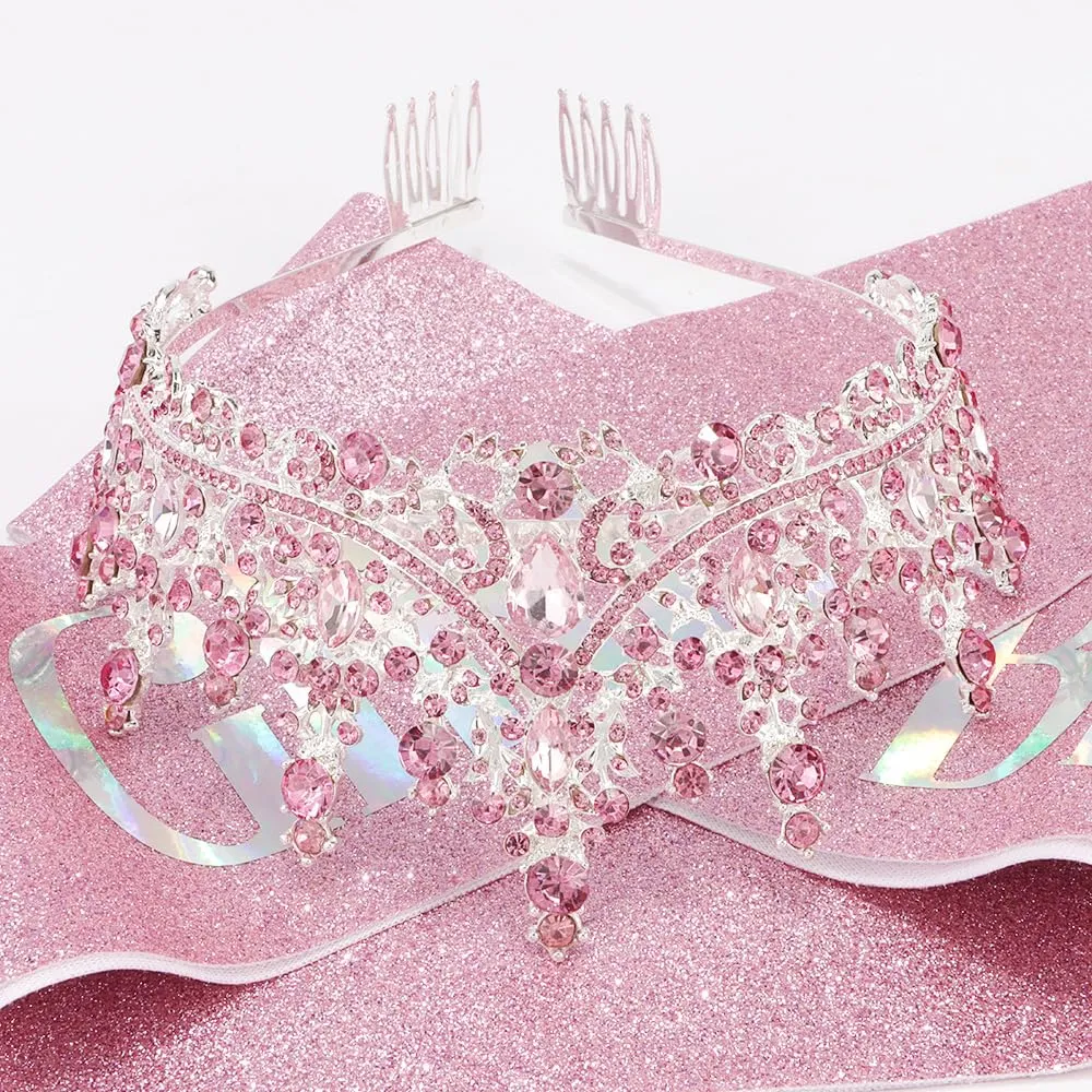 Birthday Girl Tiara Queen Crown Pink Tiaras and Crowns for Women Girls Crystal Princess Tiara Rhinestone Headbands Quinceanera Crown Headpieces Birthday Decorations