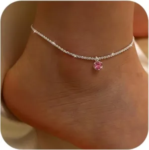 Birthstone Anklet for Women S925 Sterling Silver Glitter Cubic Zirconia Pendant Anklet Bracelets Adjustable Round Birthstone CZ Anklets Beach Foot Birthday Jewelry for Mom Wife