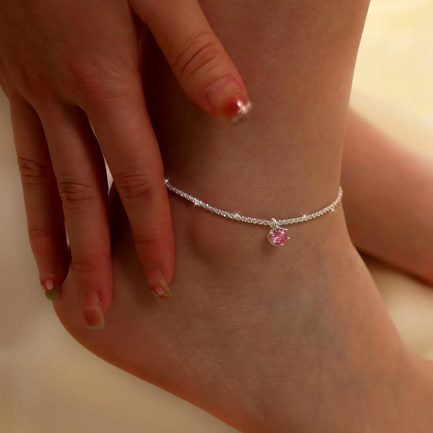 Birthstone Anklet for Women S925 Sterling Silver Glitter Cubic Zirconia Pendant Anklet Bracelets Adjustable Round Birthstone CZ Anklets Beach Foot Birthday Jewelry for Mom Wife