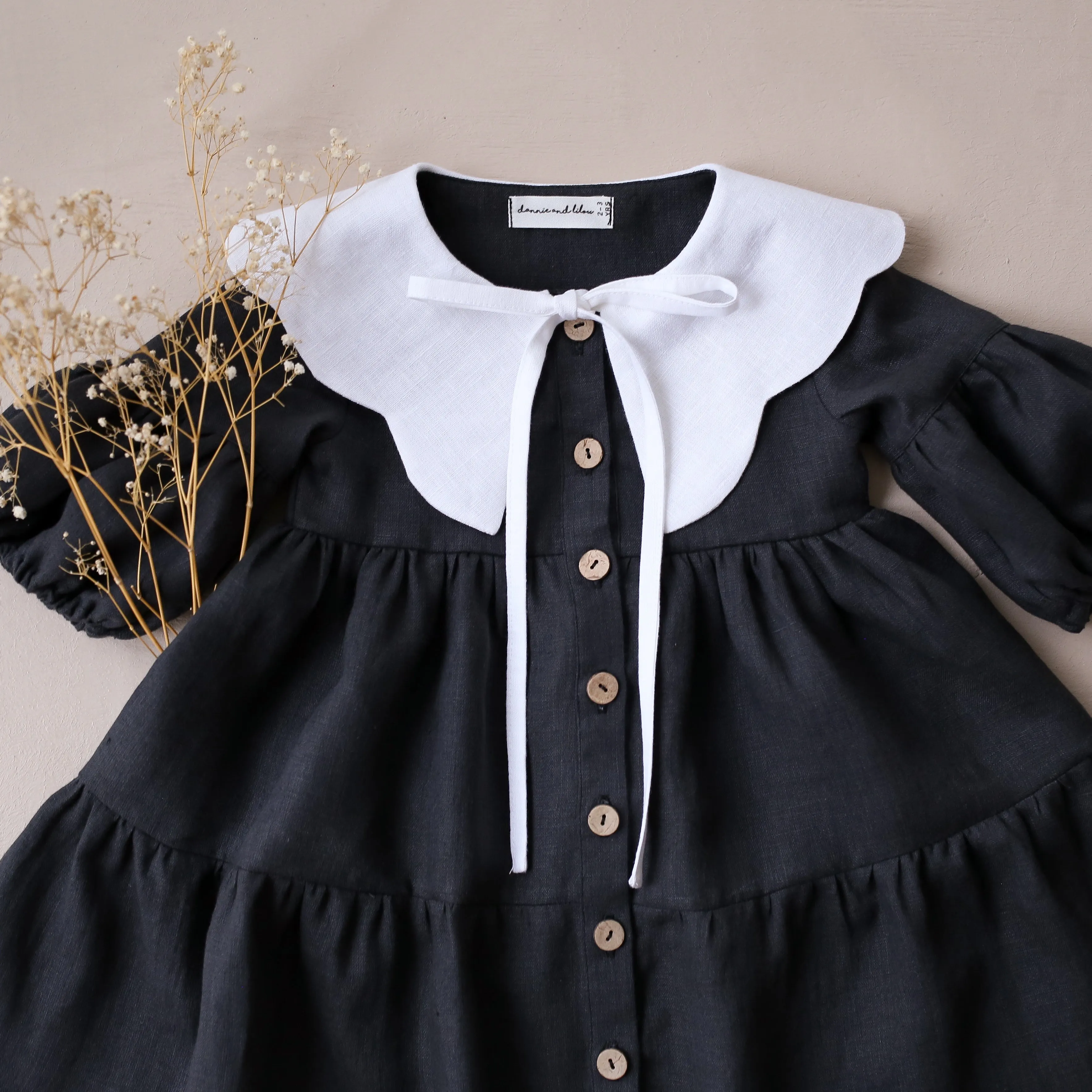 Black & White Linen Lantern Sleeve Tiered Dress with Scalloped Collar