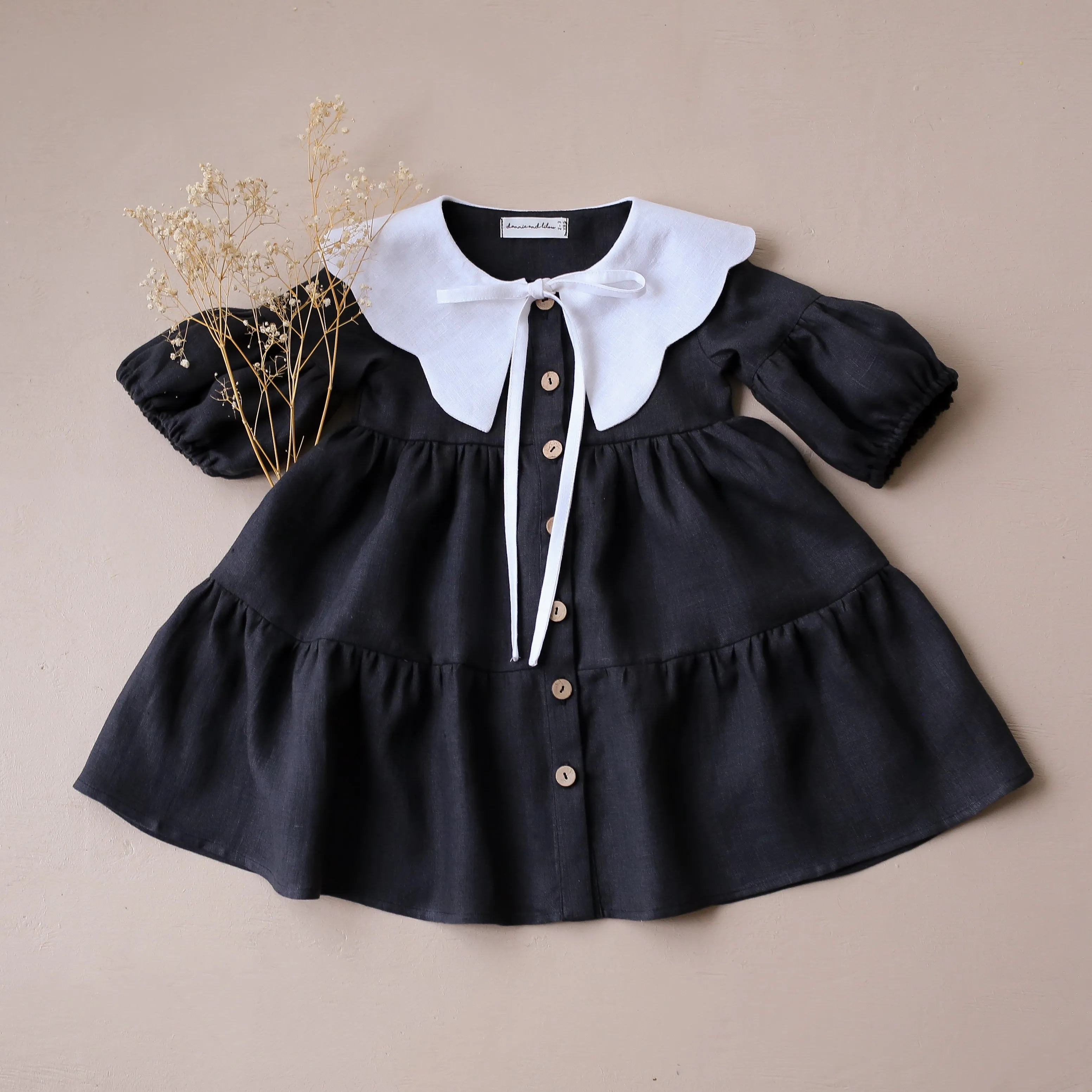 Black & White Linen Lantern Sleeve Tiered Dress with Scalloped Collar