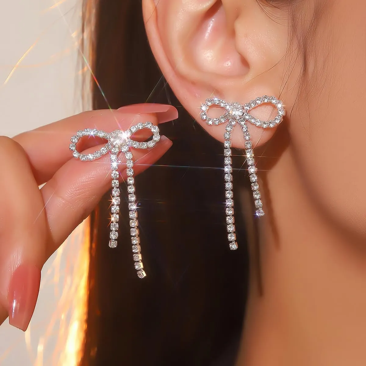 Black Bow Earrings for Women Trendy Black Earrings Rhinestone Dangling Sparkly Wedding Earings for Brides Bow Jewelry
