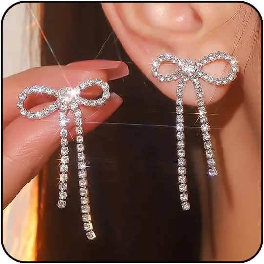 Black Bow Earrings for Women Trendy Black Earrings Rhinestone Dangling Sparkly Wedding Earings for Brides Bow Jewelry