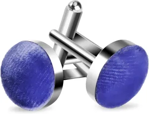 Blue Cufflinks for Men, Velvet Fabric Stainless Steel Silver Cuff Links, 0.7" Diameter