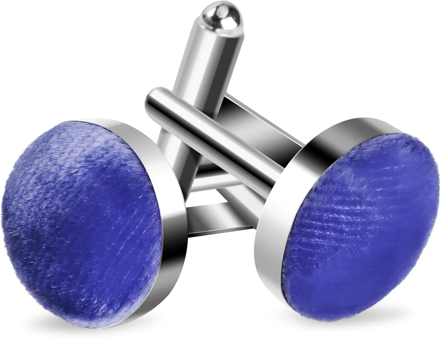 Blue Cufflinks for Men, Velvet Fabric Stainless Steel Silver Cuff Links, 0.7" Diameter