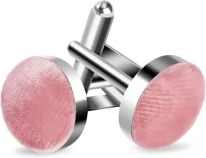 Blush Cufflinks for Men, Velvet Fabric Stainless Steel Silver Cuff Links, 0.7" Diameter