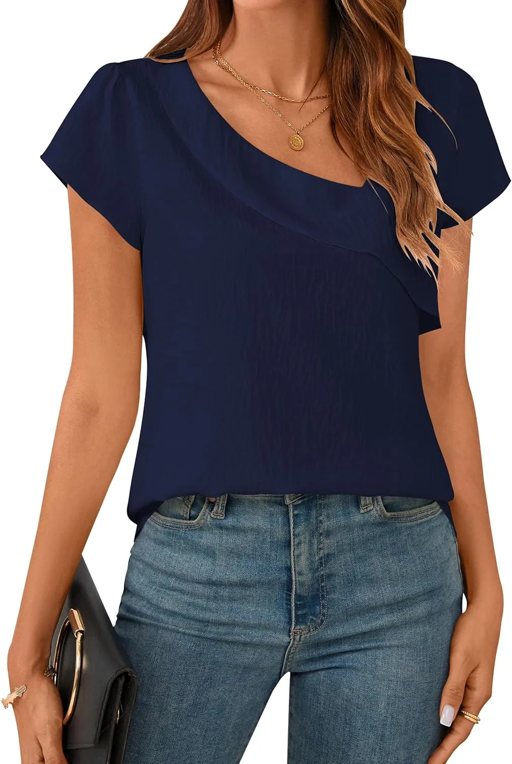 BMJL Womens Dressy Casual Blouses Asymmetrical V Neck Business Work Tops Ruffle Sleeve Summer Shirts