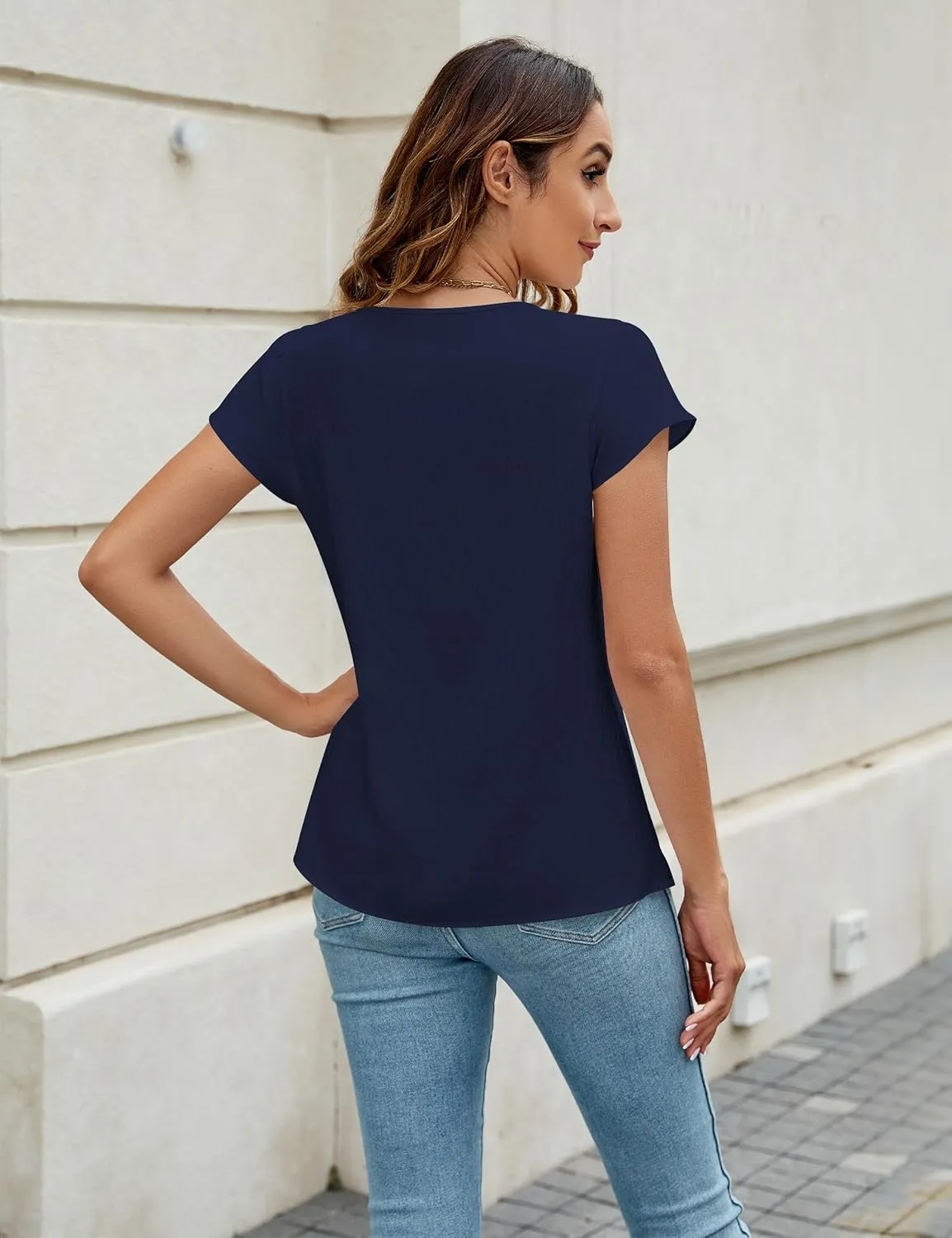 BMJL Womens Dressy Casual Blouses Asymmetrical V Neck Business Work Tops Ruffle Sleeve Summer Shirts