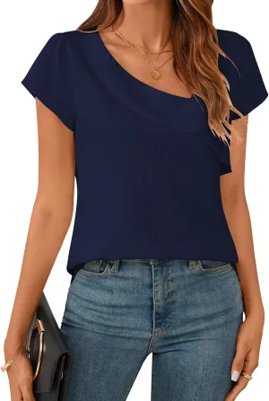 BMJL Womens Dressy Casual Blouses Asymmetrical V Neck Business Work Tops Ruffle Sleeve Summer Shirts