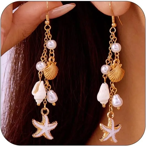 Boho Cute Seashell Starfish Conch Drop Dangle Earrings for Women, Charm Small Sea Shell Pearl Long Dangling Earrings Beach Holiday Party Jewelry Gifts