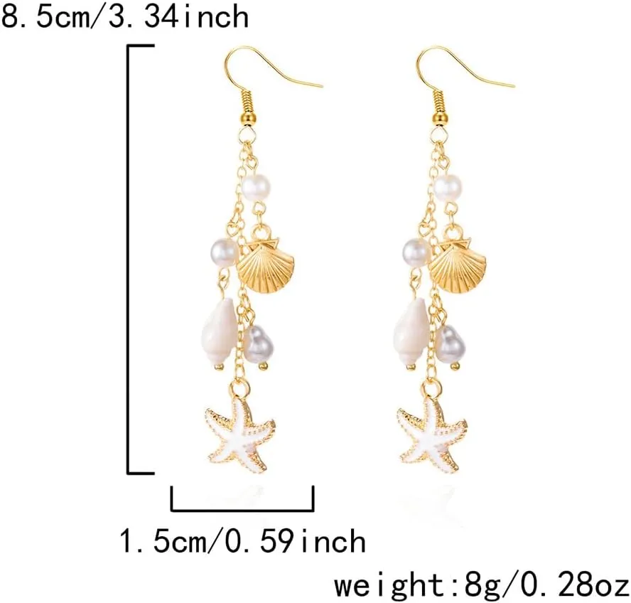 Boho Cute Seashell Starfish Conch Drop Dangle Earrings for Women, Charm Small Sea Shell Pearl Long Dangling Earrings Beach Holiday Party Jewelry Gifts