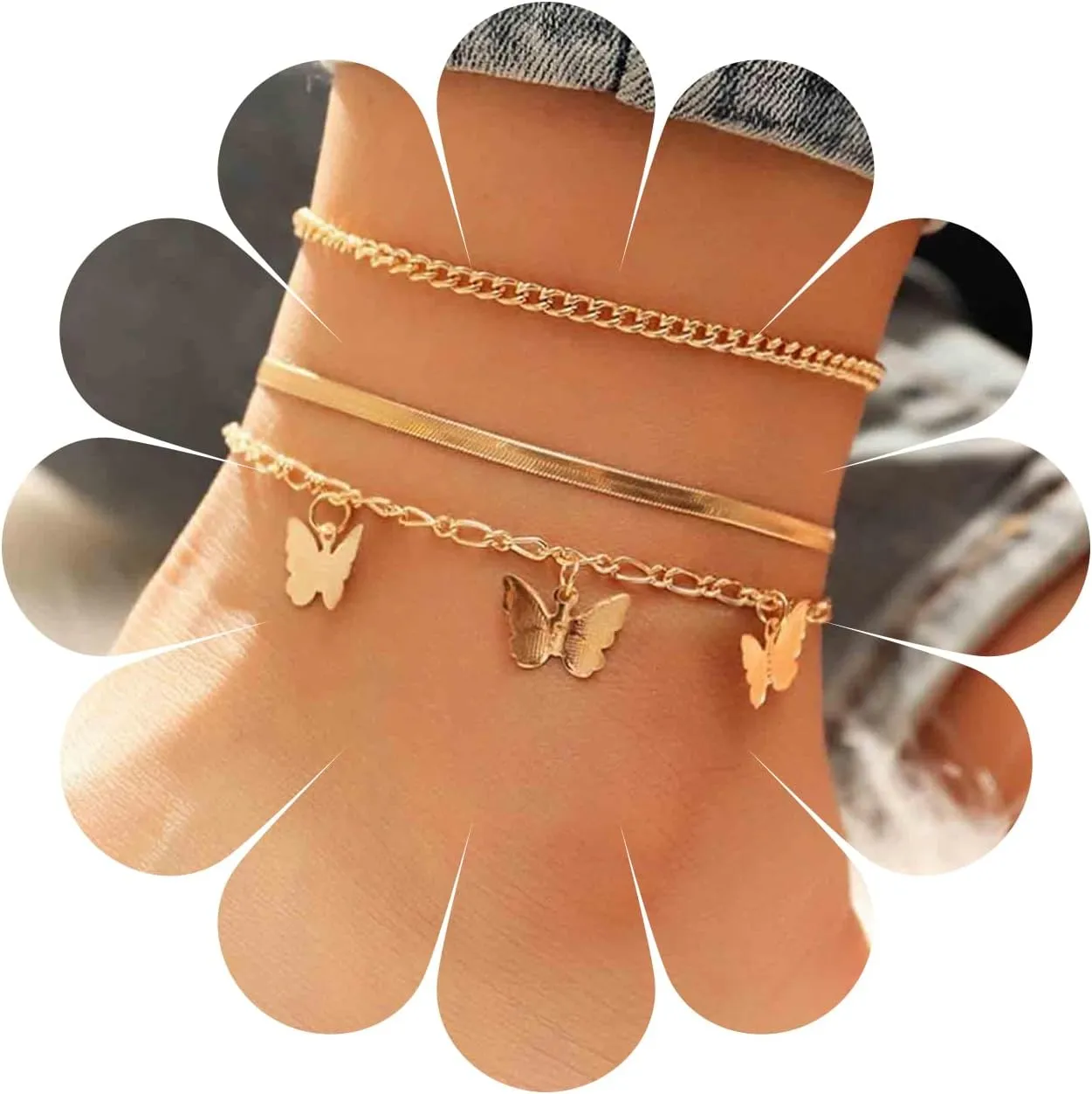 Boho Layered Butterfly Anklet Gold Butterfly Dangle Ankle Bracelet Vintage Snake Chain Anklets Summer Herringbone Foot chain Jewelry for Women