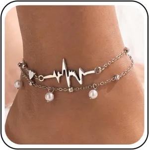 Boho Layered Pearl Anklet Silver Heartbeat Ankle Bracelet Love Heart Anklet Chain Beach Satellite Anklets Beaded Foot Chain Jewelry for Women