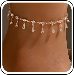 Boho Rhinestone Drop Ankle Bracelet Gold Crystal Dangle Anklet Bracelets Cz Tassel Anklets Glitter Tennis Foot Chain Jewelry for Women