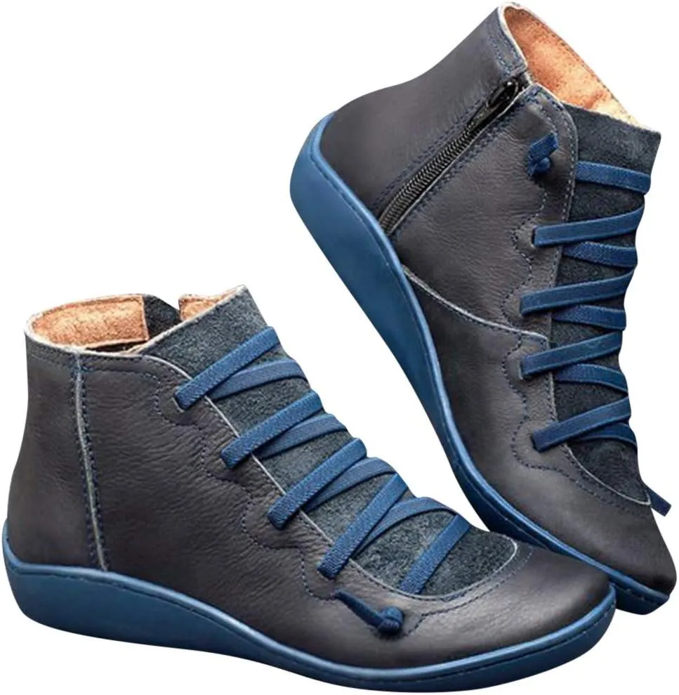 Boots for Women Ankle Boots for Women Round Toe Flat No Heel Comfortable Lace up Rubber Sole Side Zipper Women Boots