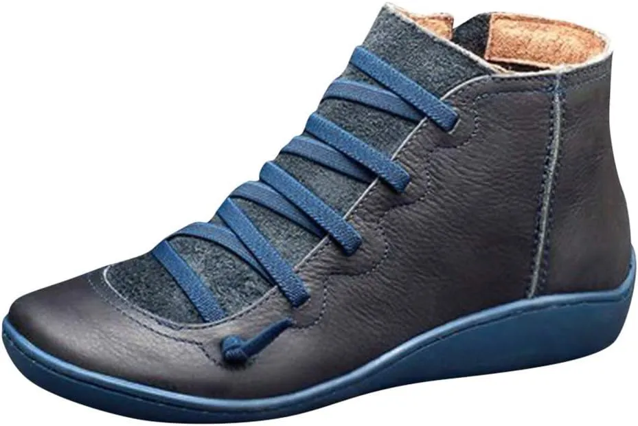 Boots for Women Ankle Boots for Women Round Toe Flat No Heel Comfortable Lace up Rubber Sole Side Zipper Women Boots