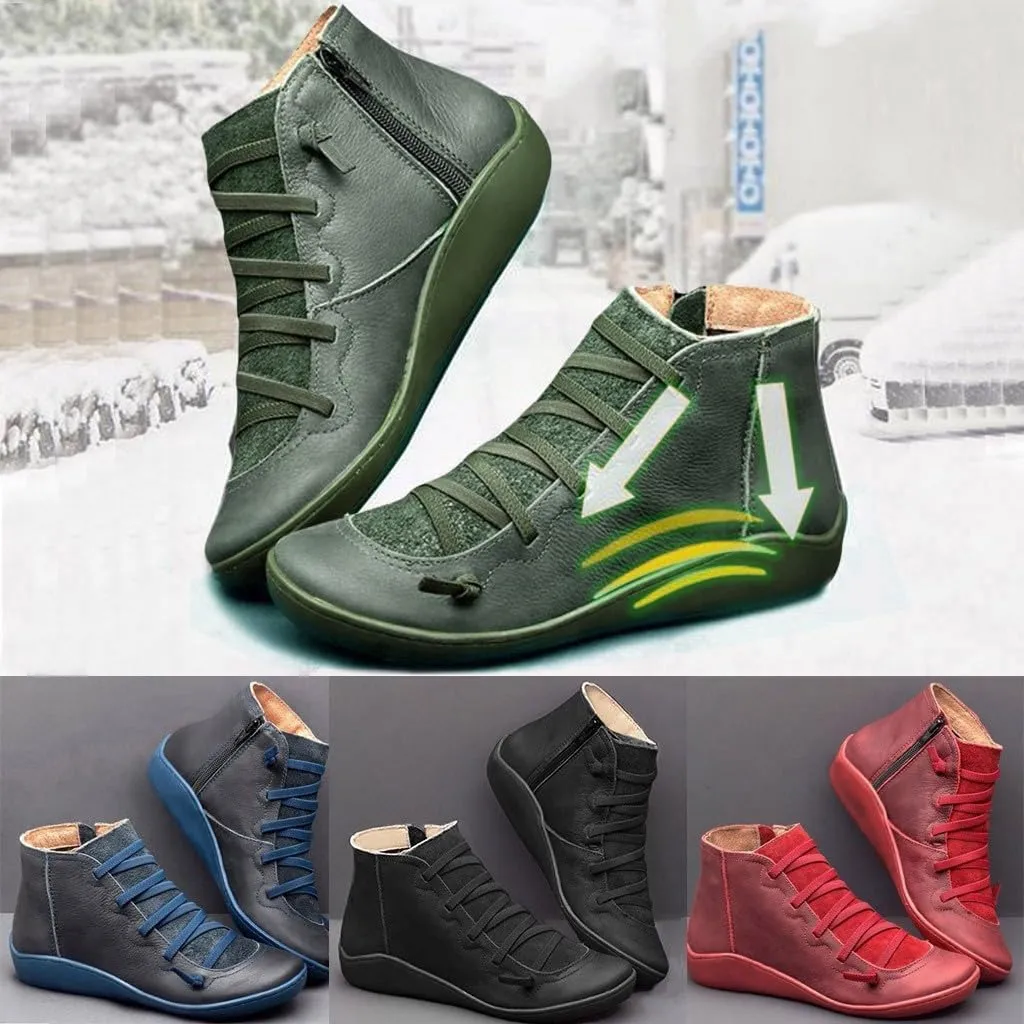 Boots for Women Ankle Boots for Women Round Toe Flat No Heel Comfortable Lace up Rubber Sole Side Zipper Women Boots
