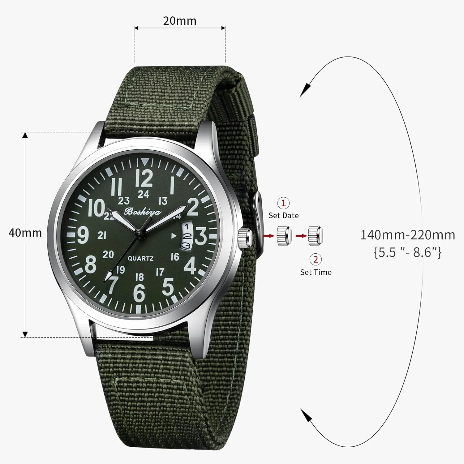 BOSHIYA Men's Watch Unisex Outdoor Sports Nylon Band Fashion Glow-in-The-Dark Fashion Watch Analog Quartz Watch for Men's Waterproof Tactical Casual Watch