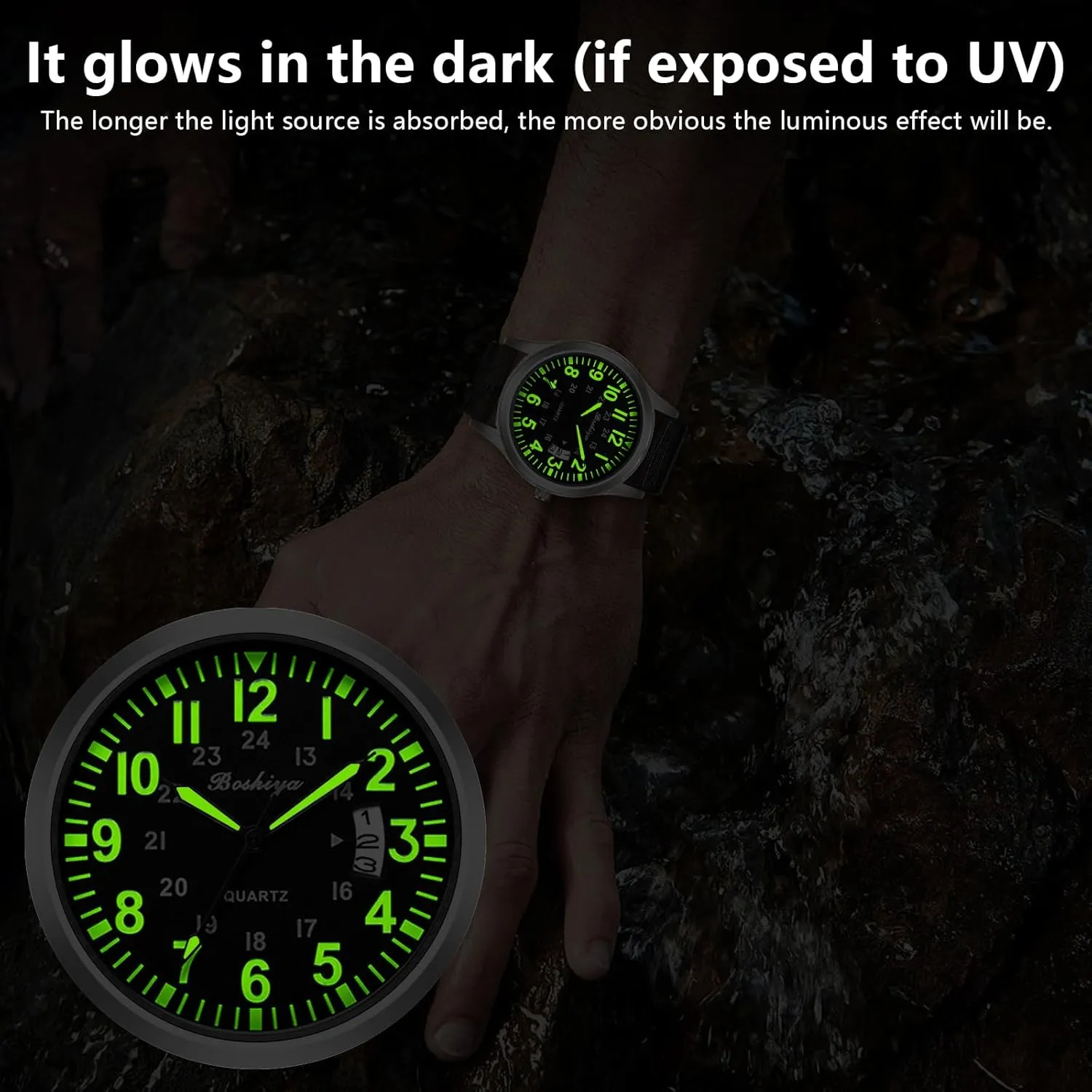 BOSHIYA Men's Watch Unisex Outdoor Sports Nylon Band Fashion Glow-in-The-Dark Fashion Watch Analog Quartz Watch for Men's Waterproof Tactical Casual Watch