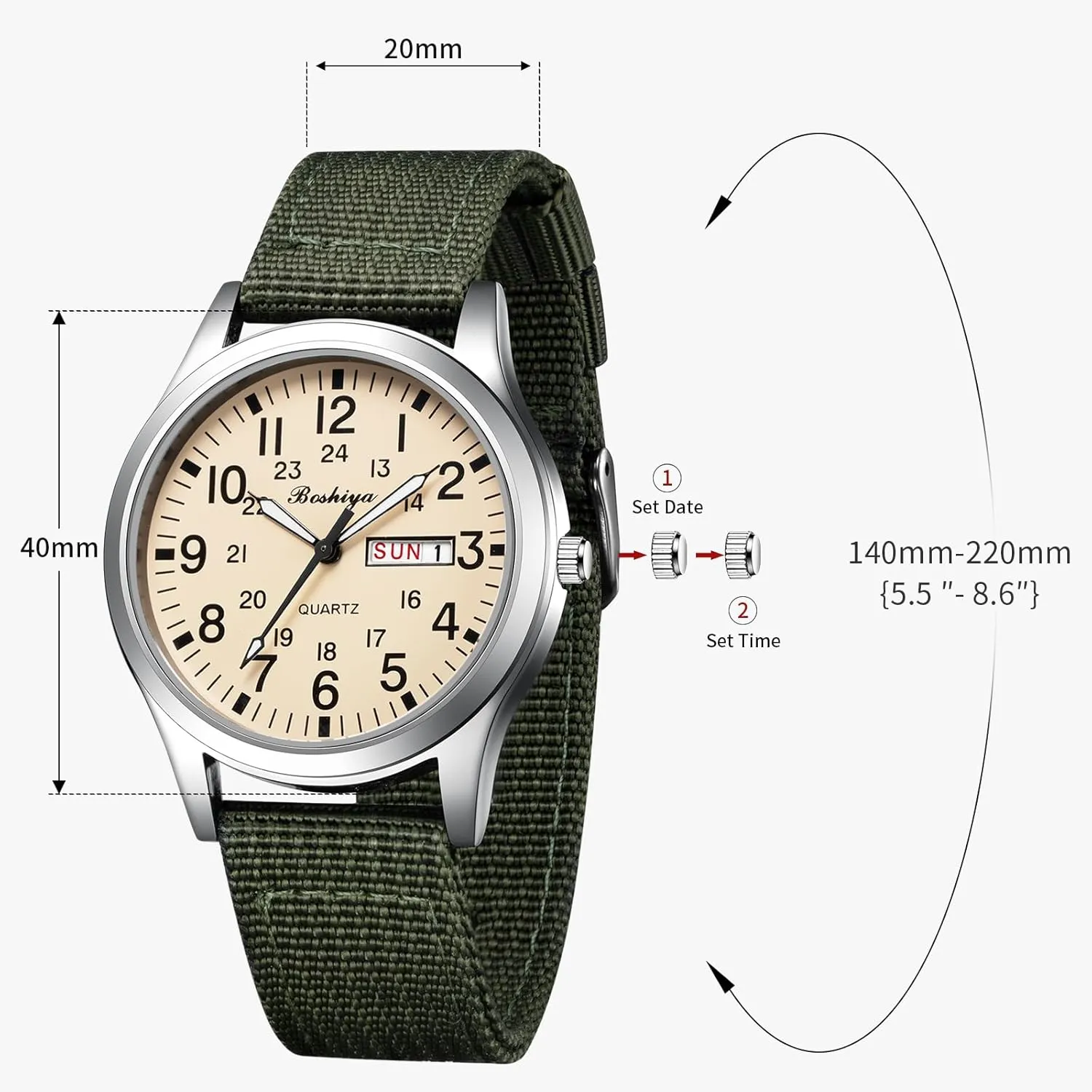 BOSHIYA Military Watches for Men Sports Waterproof Mens Watches for Army Tactical Field, Luminous Analog Quartz Military Watches 12/24Hr Display