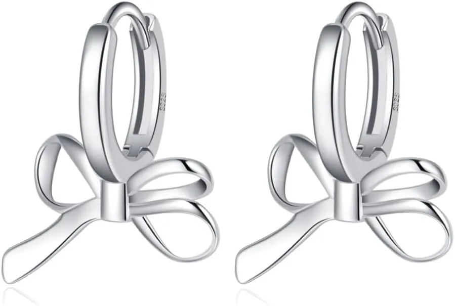 Bow Drops Hoop Earrings Huggie for Women Teens 925 Sterling Silver Ribbon Hoop Earrings Bowknot Hypoallergenic