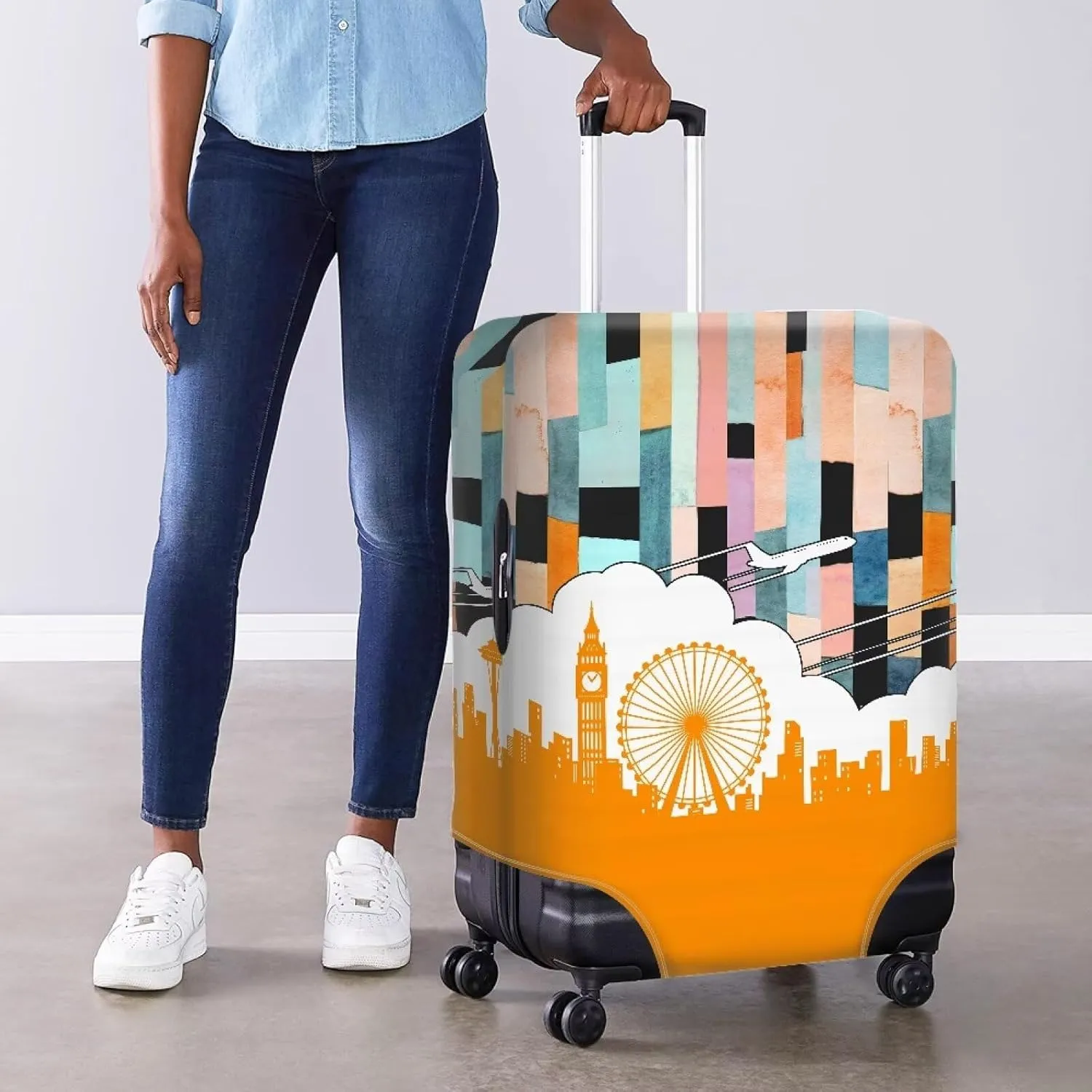 Building Print Luggage Covers for Suitcase with Top Opening Design Suit Case Accessories Baggage Cover with Zipper Beautiful & Practical Outdoor