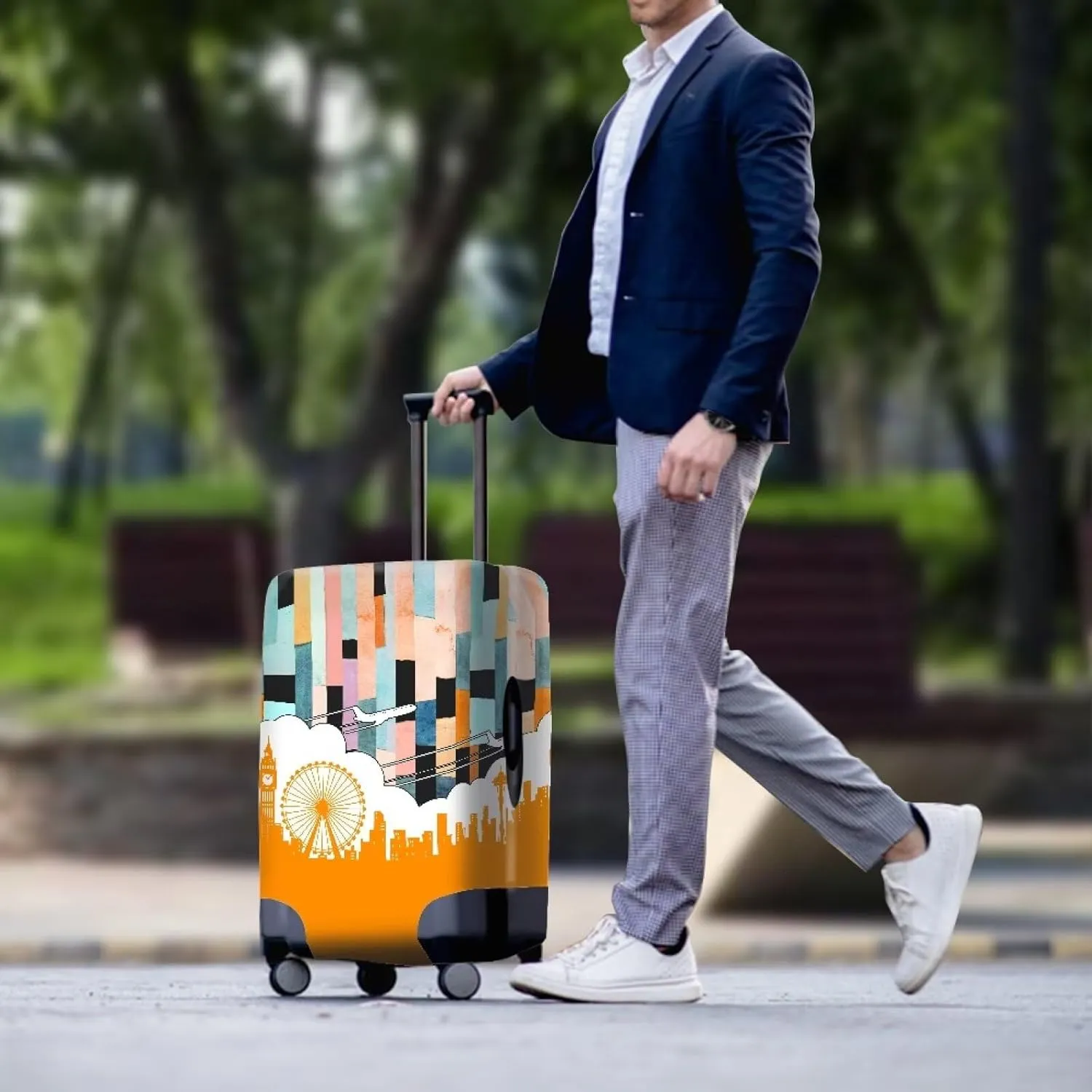 Building Print Luggage Covers for Suitcase with Top Opening Design Suit Case Accessories Baggage Cover with Zipper Beautiful & Practical Outdoor