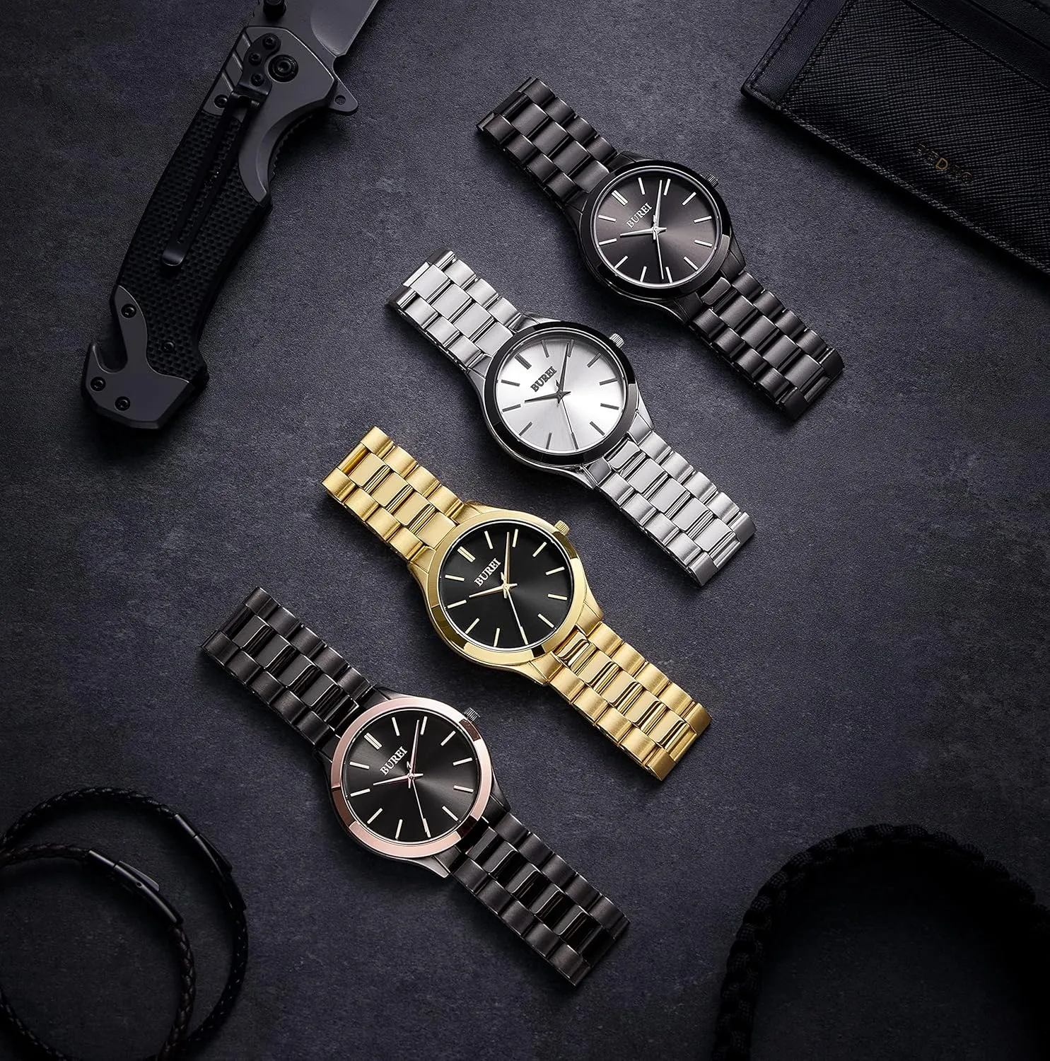 BUREI Men Watches Fashion Analog Stainless Steel Quartz Waterproof Watches,Gift for Men.
