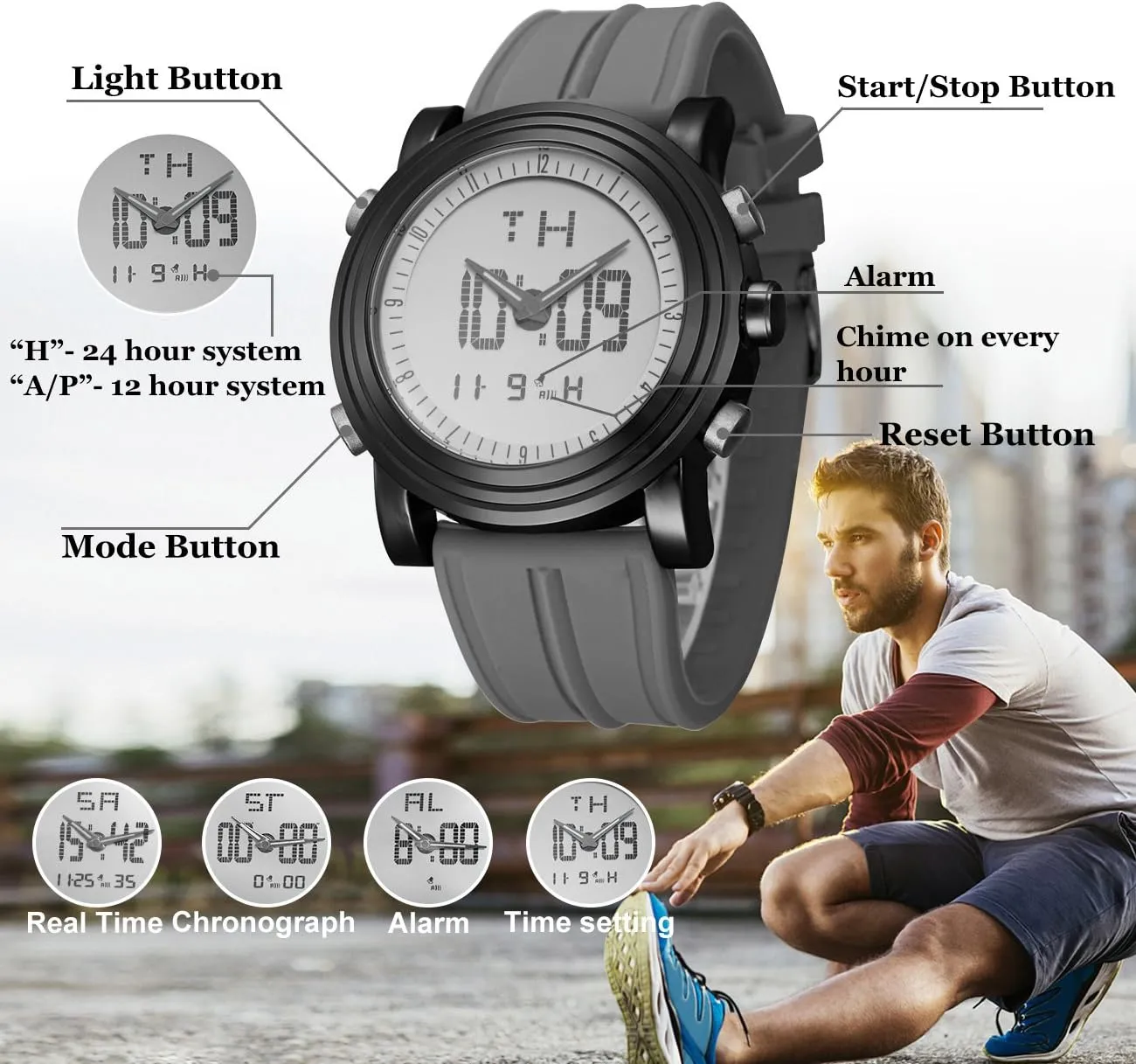 BUREI Mens Analog Digital Sport Watches with Alarm Stopwatch LED Backlight Rubber Strap