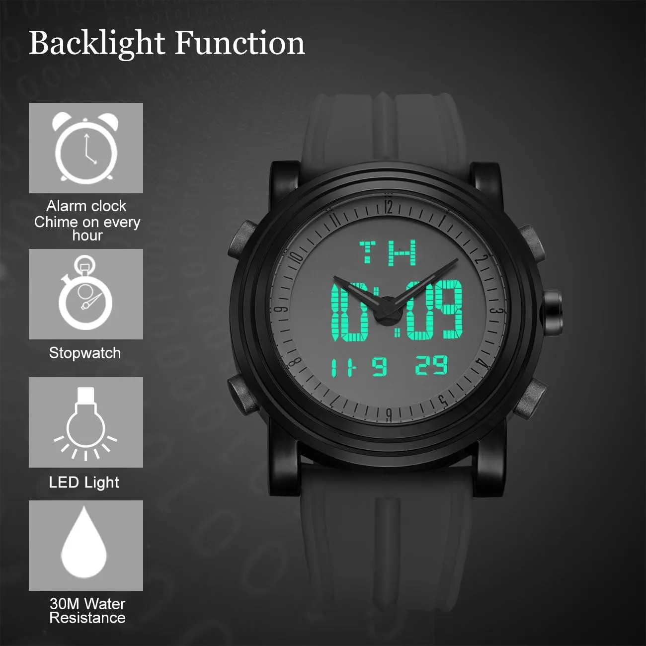 BUREI Mens Analog Digital Sport Watches with Alarm Stopwatch LED Backlight Rubber Strap