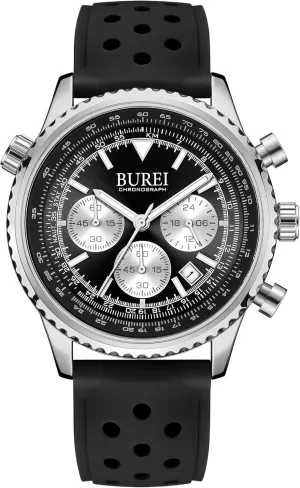 BUREI Men's Black Watch Fashion Silicone Watches Waterproof Chronograph Wristwatches Casual Men's Watches Gear Dial Watches with Date Gift Watches for Men