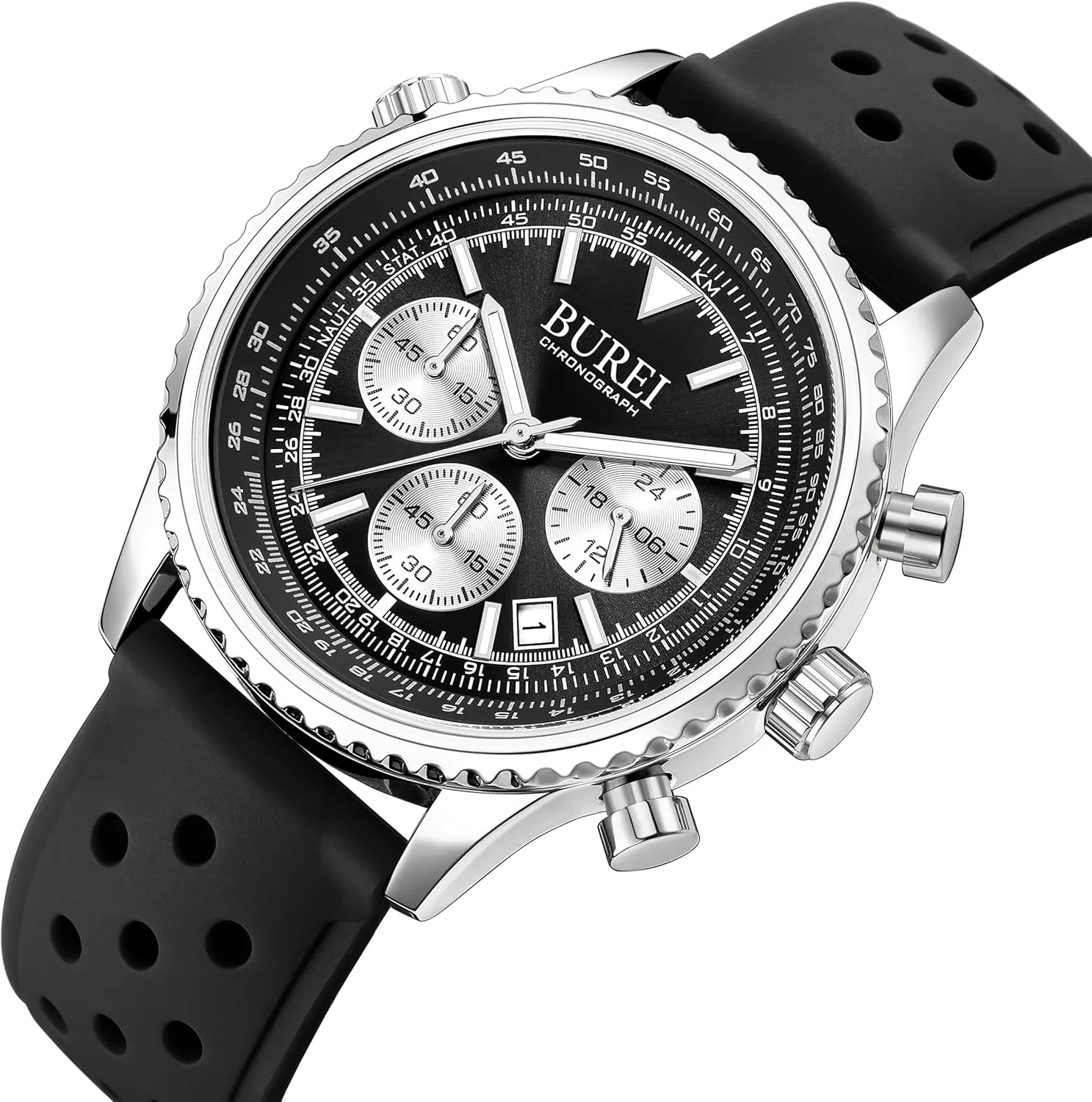 BUREI Men's Black Watch Fashion Silicone Watches Waterproof Chronograph Wristwatches Casual Men's Watches Gear Dial Watches with Date Gift Watches for Men