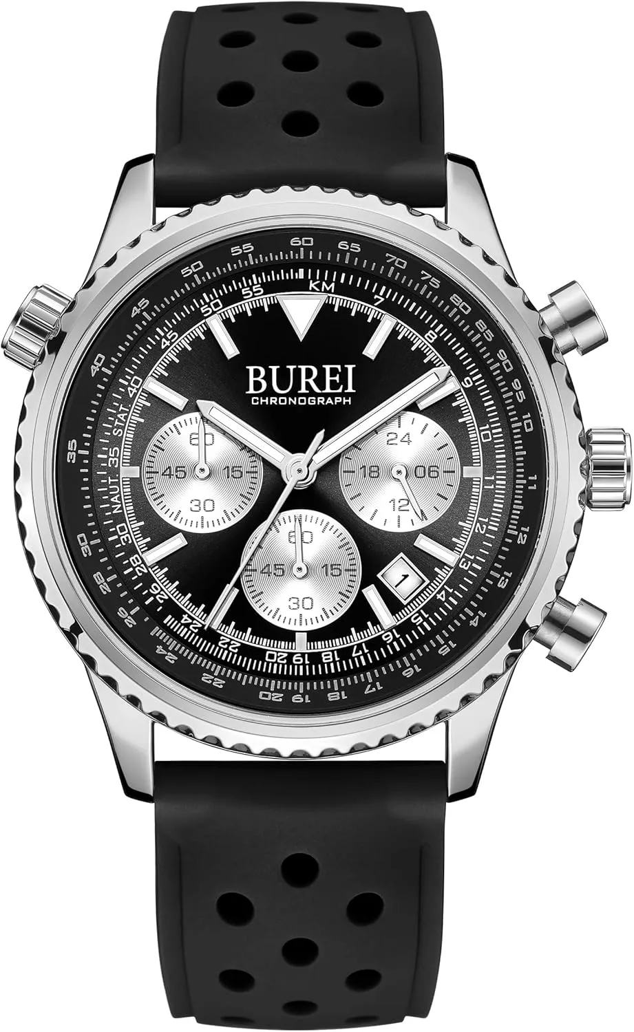BUREI Men's Black Watch Fashion Silicone Watches Waterproof Chronograph Wristwatches Casual Men's Watches Gear Dial Watches with Date Gift Watches for Men